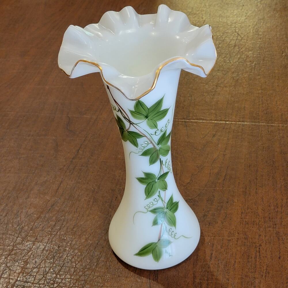 Vintage Consolidated Con-Cora Milk Glass Vase Wrapped Green Ivy 10" tall